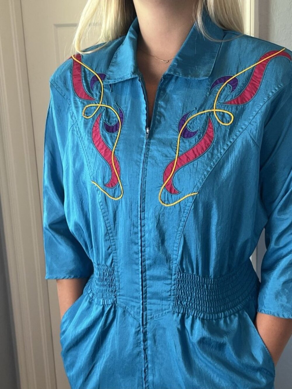 Vintage 80s Joan Walters Turquoise Art Deco Jumpsuit Smocked Zip Front Sz 6 - Picture 2 of 9